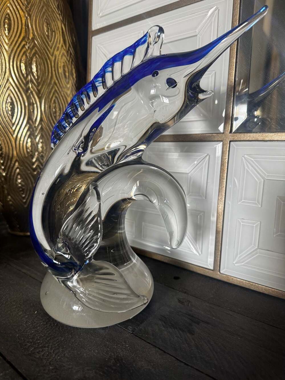 Murano Style Blue and Clear Art Glass Marlin Figurine, 11"